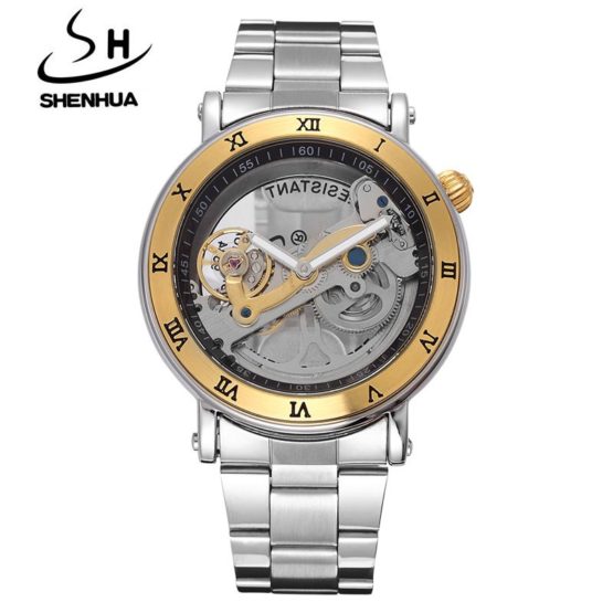 SHENHUA Luxury Gold Flywheel Automatic Mechanical Skeleton Watch