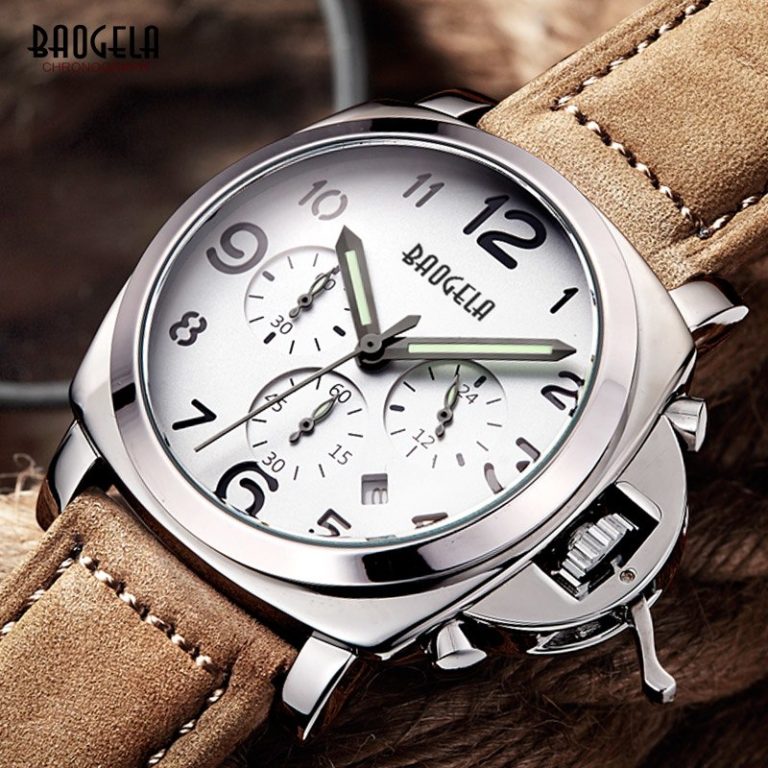 Baogela Mens Chronograph Luminuos Hands Leather Strap Quartz Wrist Watches