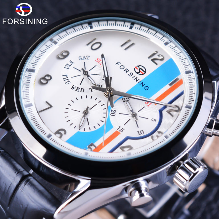 Forsining Three Dial Fashion Calendar Blue Display Genuine Leather Strap Men Watch Top Brand Luxury Automatic Men's Wrist Watch Forsining Three Dial Fashion Blue Display Genuine Leather Strap Men Watch