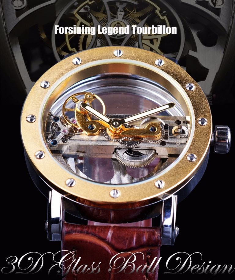 Forsining Luxury Design Transparent Case Brown Leather Strap Mens Watches
