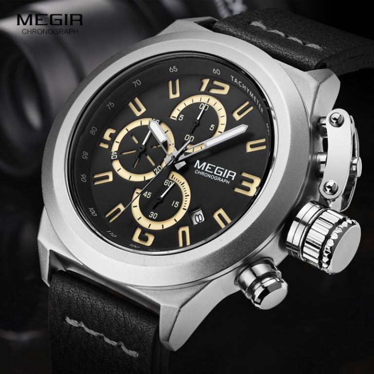 Megir Mens Fashion Chronograph Luminous Hands Calendar Date Black Leather Casual Military Quartz Wrist Watches 2029 Megir Mens Fashion Chronograph Luminous Hands Calendar Date