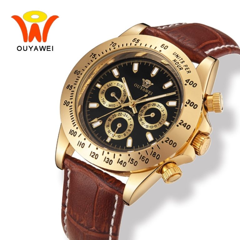 Male Leather Luxury Gold Automatic Watch Men With Auto Date OUYAWEI Mechanical Wrist watches for Fashion Man horloges mannen 1 Male Leather Luxury Gold Automatic Watch Men With Auto Date