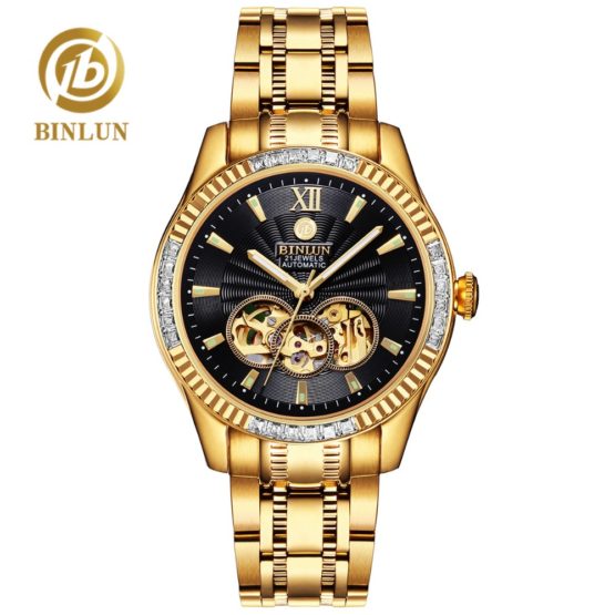 BINLUN 18k Gold Luxury Men's Automatic Watch Top Brand Skeleton