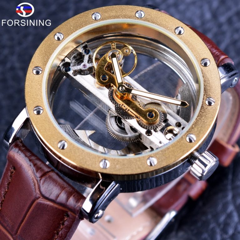 Forsining Luxury Design Transparent Case Brown Leather Strap Mens Watches