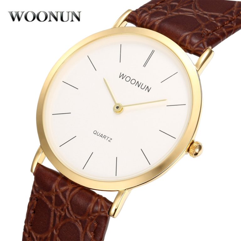 WOONUN Famous Brand Luxury Fashion Simple Watches Men Leather Band 2 Pointer Quartz Wrist Watches Mesn Gold Thin Mens Watches 2 Men's Luxury Fashion Watch with Leather Band, Japanese Quartz Movement