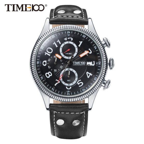 Time100 Fashion Watch Men Multifunction Leather Strap men Quartz Watches