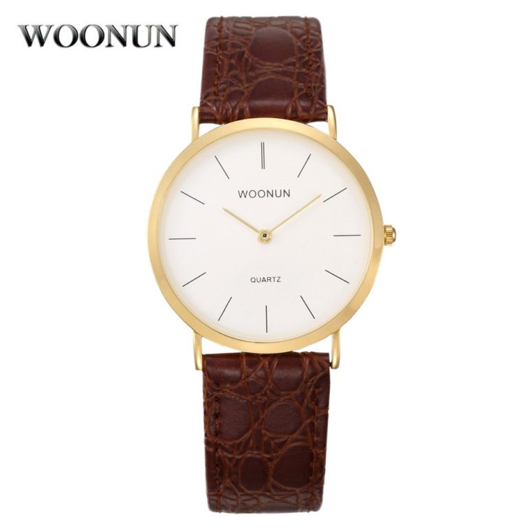 WOONUN Famous Brand Luxury Fashion Simple Watches Men Leather Band 2 Pointer Quartz Wrist Watches Mesn Gold Thin Mens Watches WOONUN Famous Brand Luxury Fashion Simple Watches Men Leather Band