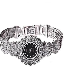 Ladies Women Sterling Silver Bracelet with Marcasite Luxury Silver Wristwatch