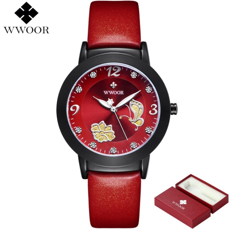 Women Watches Brand WWOOR Flower Butterfly Red Genuine Leather Relogio Feminino Dress Ladies Quartz Wrist Watch Women Clock Gift 2 Women Watches Brand WWOOR Flower Butterfly Red Genuine Leather
