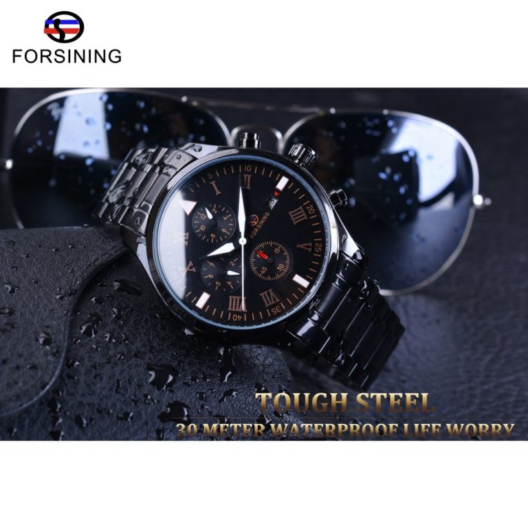 Forsining Black Stainless Steel Maltifuction Military Automatic Wrist Watch Date Display Mens Mechanical Watch Top Brand Luxury 2 Forsining Black Stainless Steel Maltifuction Military Automatic Wrist Watch