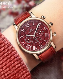 IBSO Vintage Red Leather Watches Women Luxury Brand Calendar