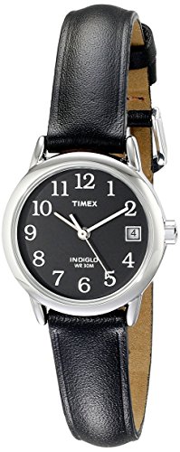 Timex Women's Indiglo Leather Strap Watch, Black/Silver-Tone/Black