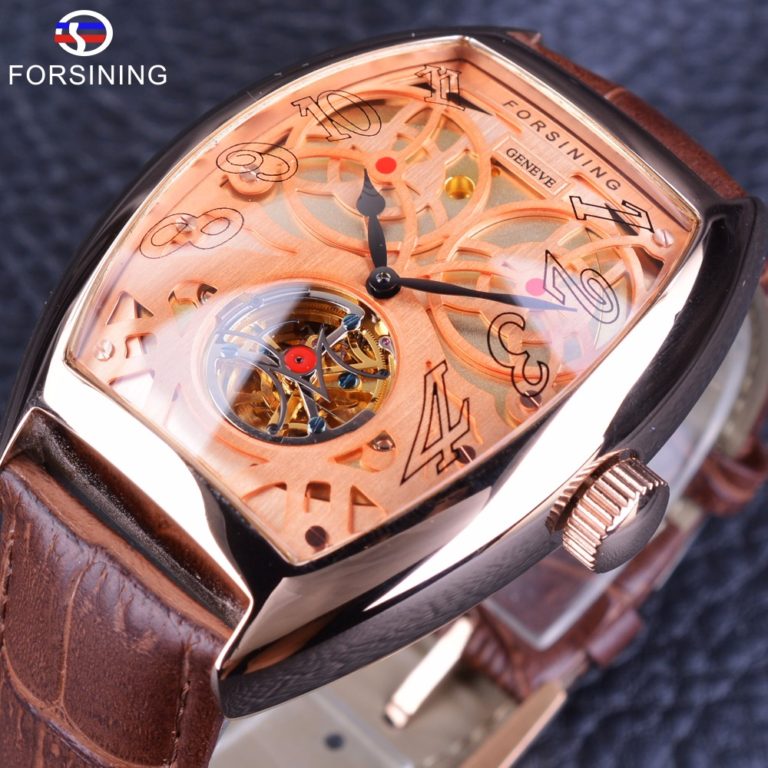 Forsining Rose Golden Open Work Skeleton Moving Tourbillion Waterproof Automatic Wrist Watch Top Brand Luxury Mechanical Clock Forsining rose gold automatic skeleton tourbillon watch with blue dial and leather strap