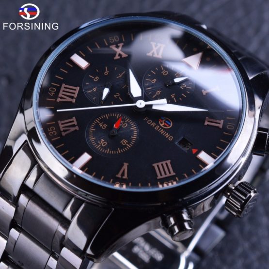 Forsining Black Stainless Steel Maltifuction Military Automatic Wrist Watch