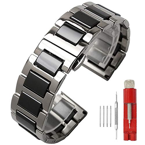 Stainless Steel and Black Ceramic Watch Band with Brush Finish - 22mm Replacement Strap Featuring Deployment Clasp for Wrist Watches.