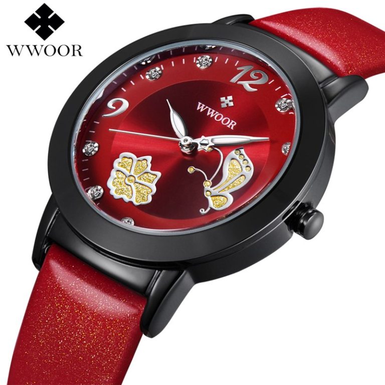 Women Watches Brand WWOOR Flower Butterfly Red Genuine Leather Relogio Feminino Dress Ladies Quartz Wrist Watch Women Clock Gift Women Watches Brand WWOOR Flower Butterfly Red Genuine Leather