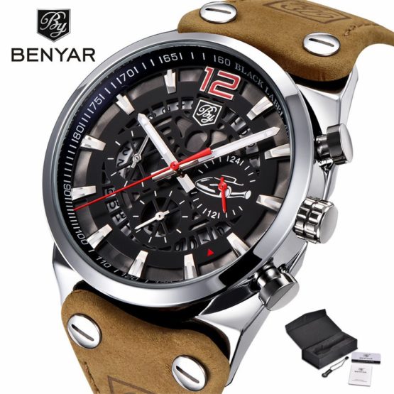 BENYAR Chronograph Wrist Watch Men Military Genuine Leather Strap
