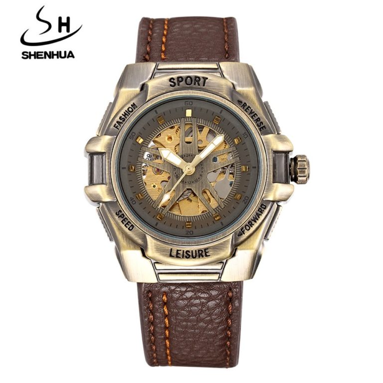 New Men Watches SHENHUA Leather Band Skeleton Automatic