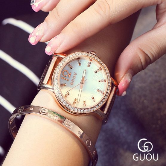 GUOU Top Brand Luxury Women's Watches Rose Gold Diamond Ladies