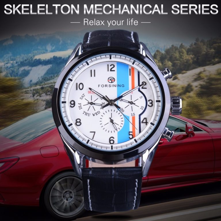 Forsining Three Dial Fashion Calendar Blue Display Genuine Leather Strap Men Watch Top Brand Luxury Automatic Men's Wrist Watch 2 Forsining Three Dial Fashion Blue Display Genuine Leather Strap Men Watch