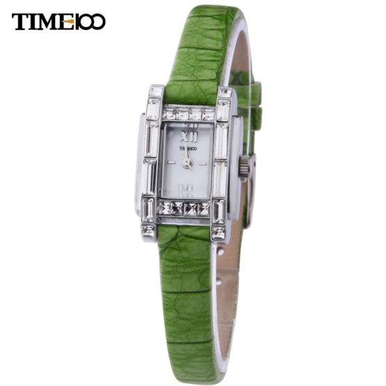TIME100 Elegance Women Quartz Watch Thin Green Leather Strap Shell Dial