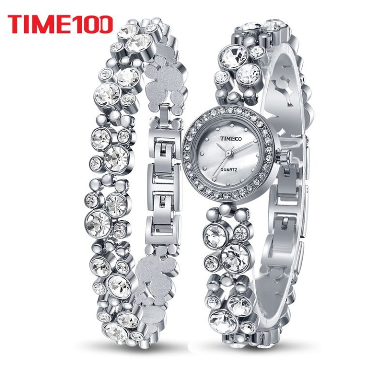 Time100 Women Bracelet Watches Fashion Quartz Watch Silver Diamond