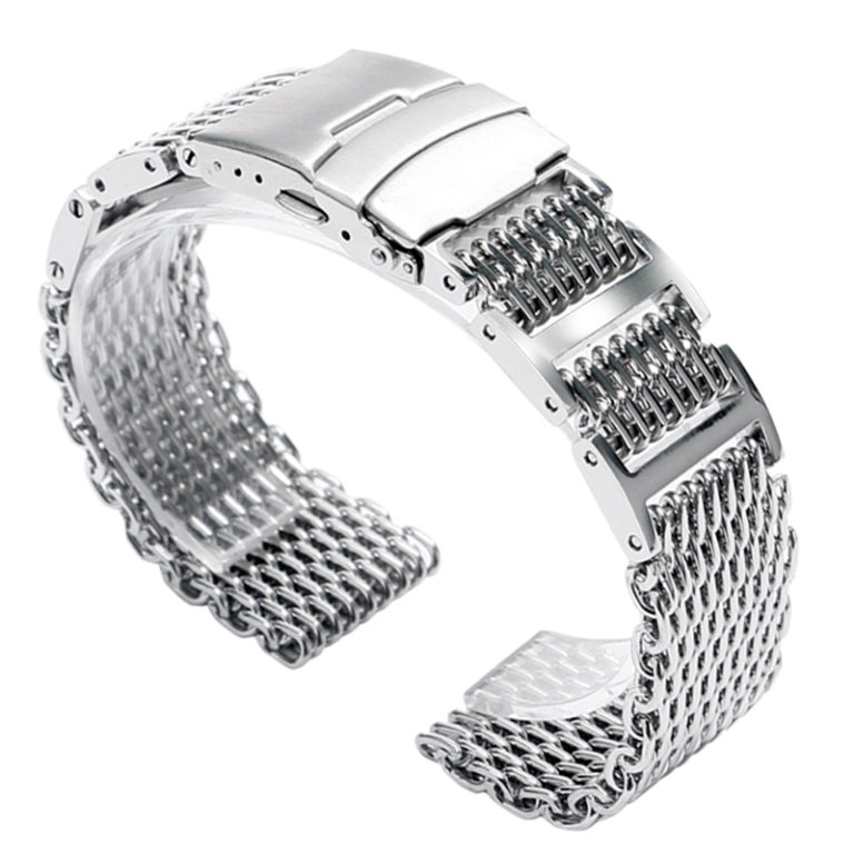 20/22/24mm HQ Shark Mesh Silver Stainless Steel Watchband Replacement Bracelet Men Folding Clasp with Safety Watch Band Strap 2 20/22/24mm Silver Stainless Steel Watchband Replacement Bracelet Men