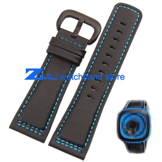 Genuine Leather Watchband Smooth Black Strap blue Stitched wristband