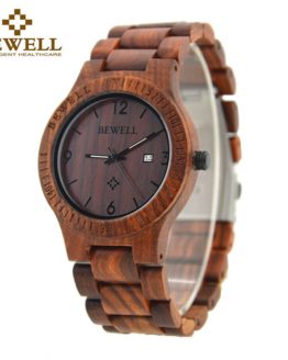 BEWELL 086B Simple Round Case light quality Date Function Mens Wooden
