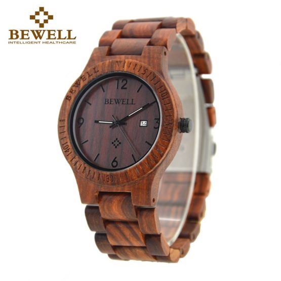 BEWELL 086B Simple Round Case light quality Date Function Mens Wooden