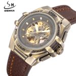 New Men Watches SHENHUA Leather Band Skeleton Automatic