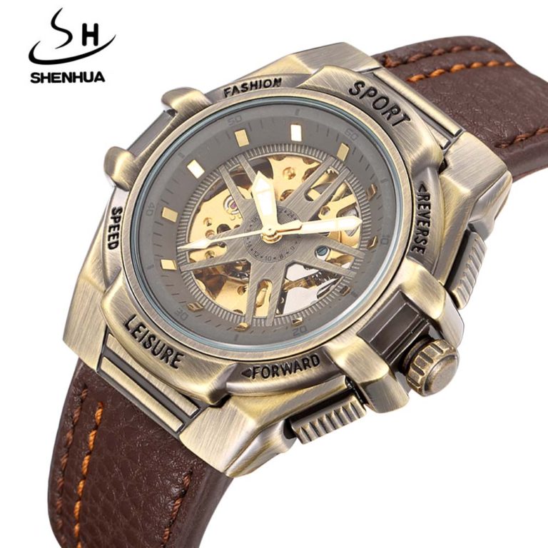 New Men Watches SHENHUA Leather Band Skeleton Automatic