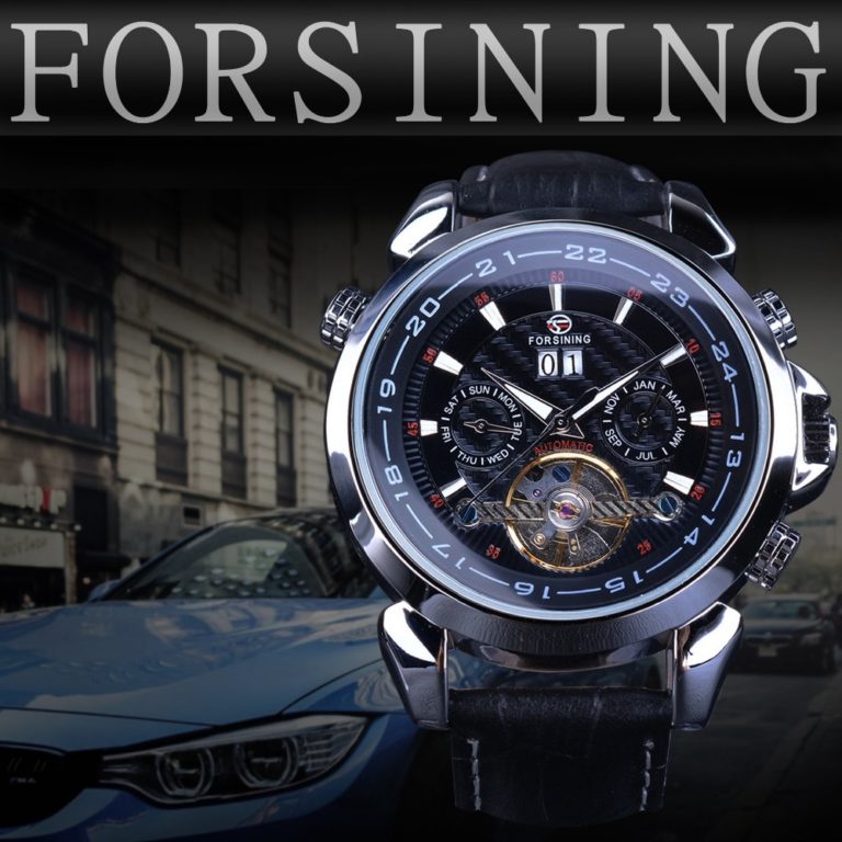 Forsining Tourbillion Automatic Wrist Watch Calendar Display Genuine Leather