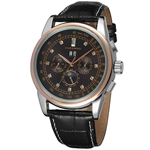 Men's Automatic Leather Band Luxury Mechanical Wrist Watch Waterproof Moon Phase Watch (Black Rose Gold) Men's Automatic Leather Band Luxury Mechanical Wrist Watch