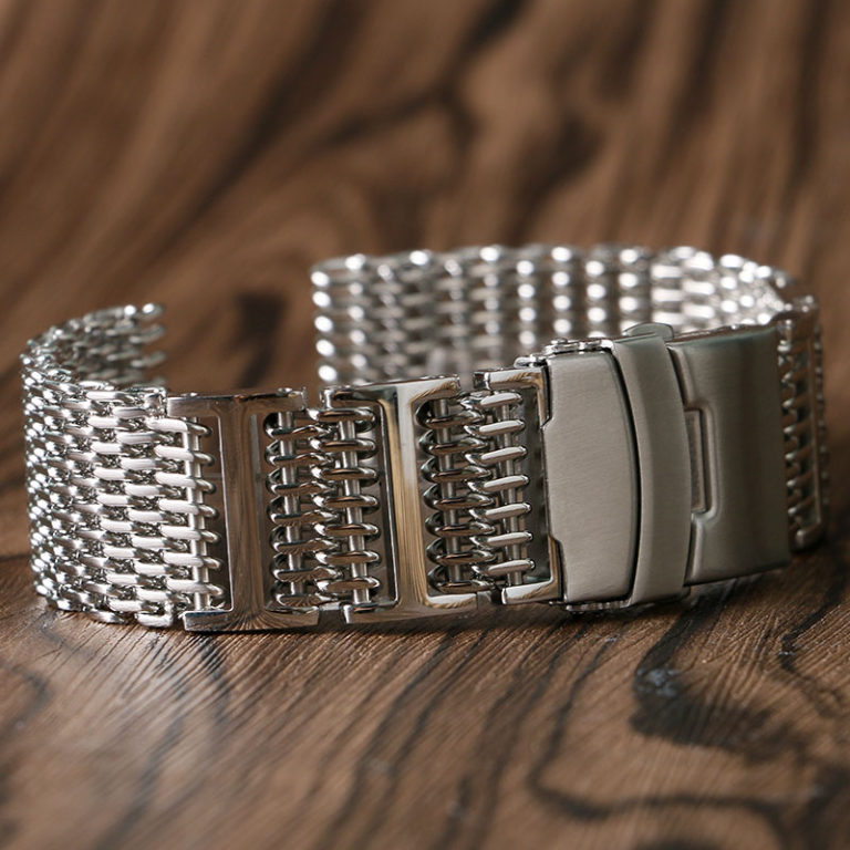 22mm Stainless Steel Shark Mesh Watch Band Strap Push Button Solid Link Silver Folding Clasp with Safety Men Women Replacement 2 22mm Stainless Steel Shark Mesh Watch Band Strap Push Button Solid Link Silver