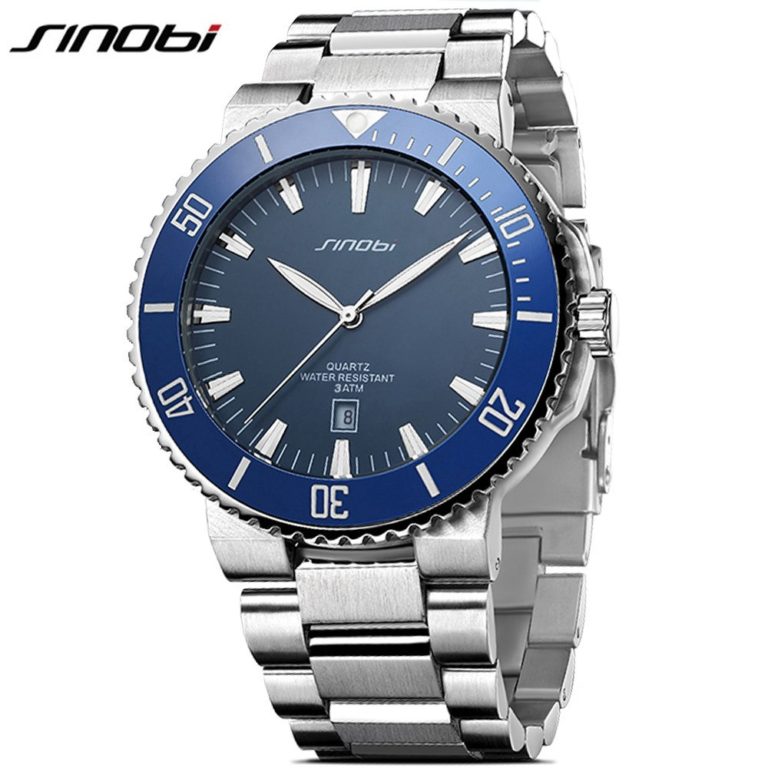 SINOBI Stainless Steel Men Watches Quartz Movement Luminous Hands Watch