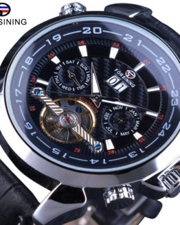Forsining Tourbillion Automatic Wrist Watch Calendar Display Genuine Leather