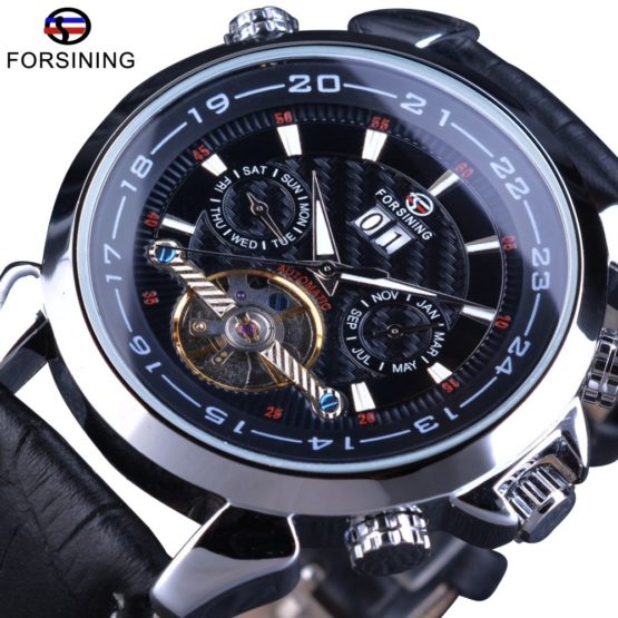 Forsining Tourbillion Automatic Wrist Watch Calendar Display Genuine Leather