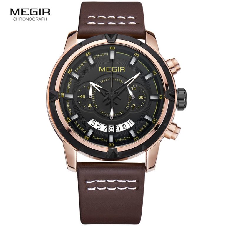 Megir Mens Brown Leather Strap Sport Chronograph Quartz Wrist Watchesa