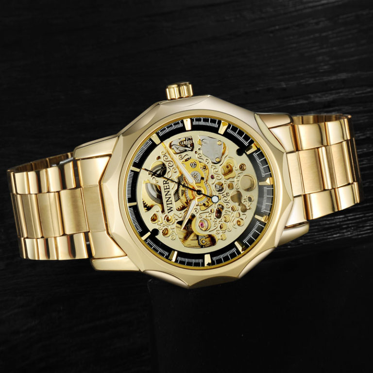 WINNER brand watches men mechanical skeleton wrist watches fashion casual automatic wind watch gold steel band relogio masculino 2 WINNER brand watches men mechanical skeleton wrist watches