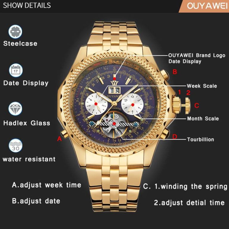 OUYAWEI Men Mechanical Watches Luxury Brand Automatic Gold Tourbillon Male Complete Calendar Clock Wrist Watch relogio masculino 2 OUYAWEI Men Mechanical Watches Luxury Brand Automatic Gold