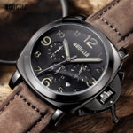 Baogela Mens Brown Leather Strap Chronograph Luminous 24 Hours Date Watches