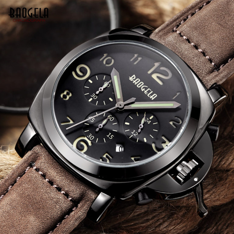 Baogela Mens Brown Leather Strap Chronograph Luminous 24 Hours Date Watches