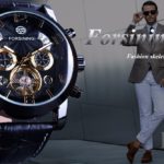 Forsining Tourbillion Black Golden Wave Dial Fashion Casual Design Men Watch