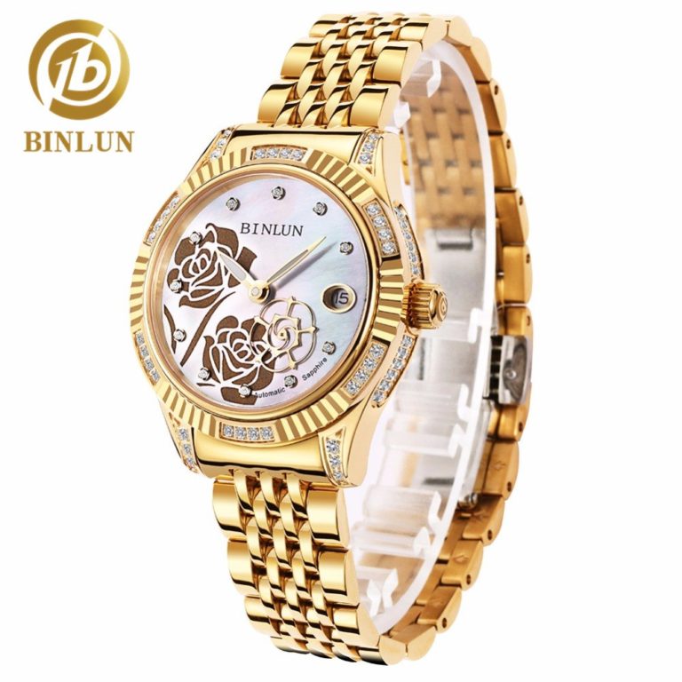 BINLUN Women's 18K Gold Automatic Mechanical Watch Diamond Waterproof Luxury Flower Dial Luminous Analog Wrist Watches for Women BINLUN Women's 18K Gold Automatic Mechanical Watch Diamond Waterproof