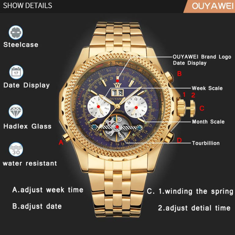 Mechanical Automatic Gold Watch Men Luxury Brand OUYAWEI Tourbillon Male Wrist Watch Stainless Steel Business Black Wristwatches 2 Mechanical Automatic Gold Watch Men Luxury Brand OUYAWEI Tourbillon