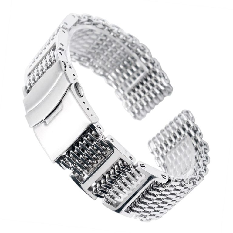 20/22/24mm HQ Shark Mesh Silver Stainless Steel Watchband Replacement Bracelet Men Folding Clasp with Safety Watch Band Strap 20/22/24mm Silver Stainless Steel Watchband Replacement Bracelet Men