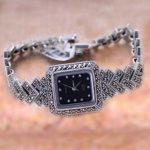 Sterling Silver Wristwatch Silver Bracelet with Marcasite Luxury Vintage Jewelry