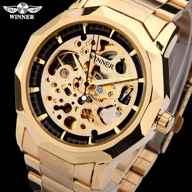WINNER brand watches men mechanical skeleton wrist watches fashion casual automatic wind watch gold steel band relogio masculino 1 WINNER brand watches men mechanical skeleton wrist watches