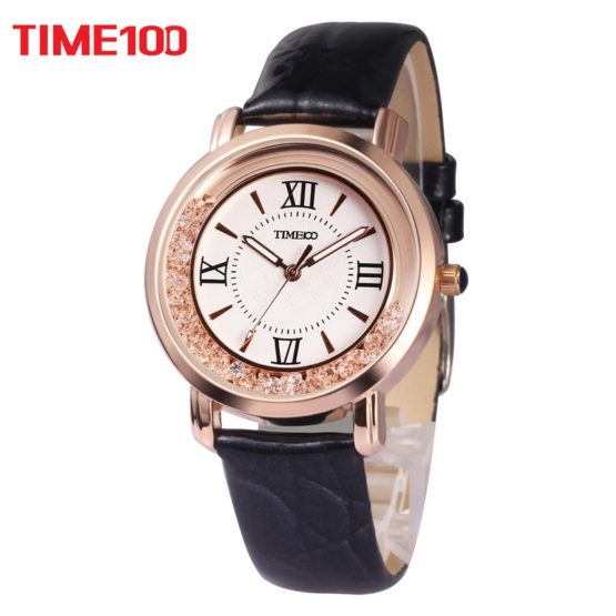 2017 New TIME100 Women's Watch Black Leather Strap Roman Numeral Big Dial